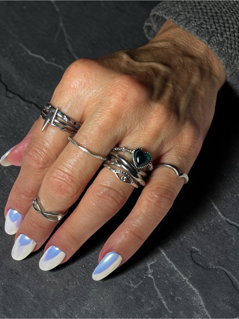 Beleza Curated 9 Piece Silver Tone Stackable Ring Collection Heart Linked